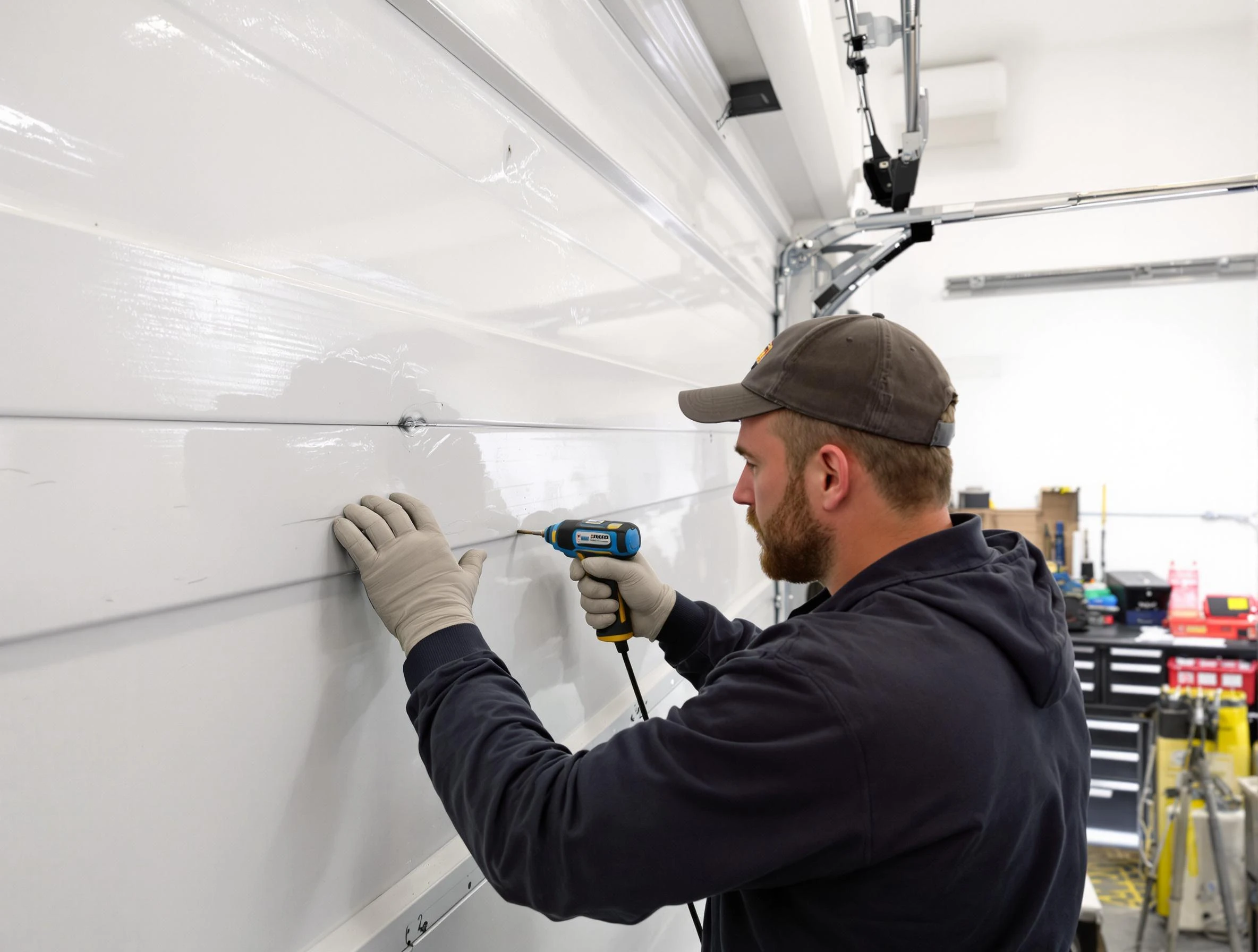 Bellevue Garage Door Repair technician demonstrating precision dent removal techniques on a Bellevue garage door